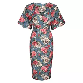 Blue and Rose Print Half Batwing Sleeve Crossover Top Pencil Dress