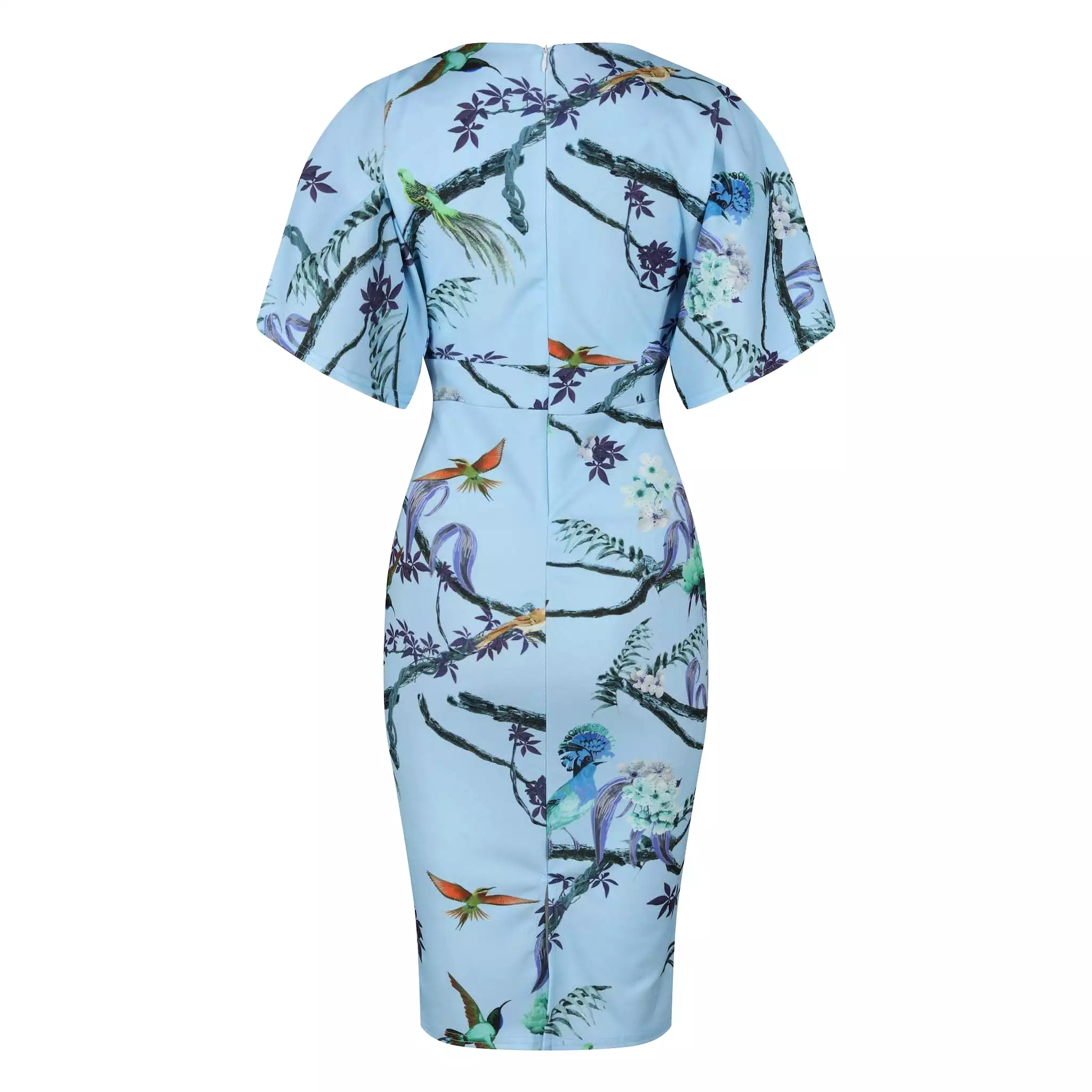 Blue Floral Bird Half Batwing Sleeve Crossover Top Pencil Dress