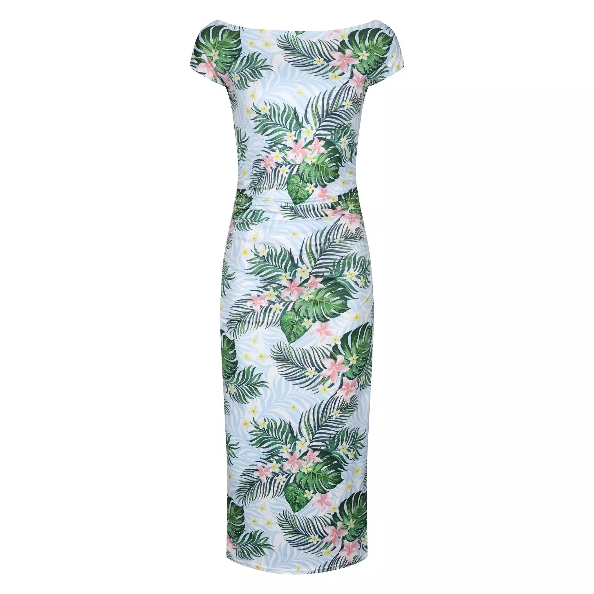 Blue Green Tropical Floral Print 40s Style Cap Sleeve Slinky Pencil Wiggle Dress