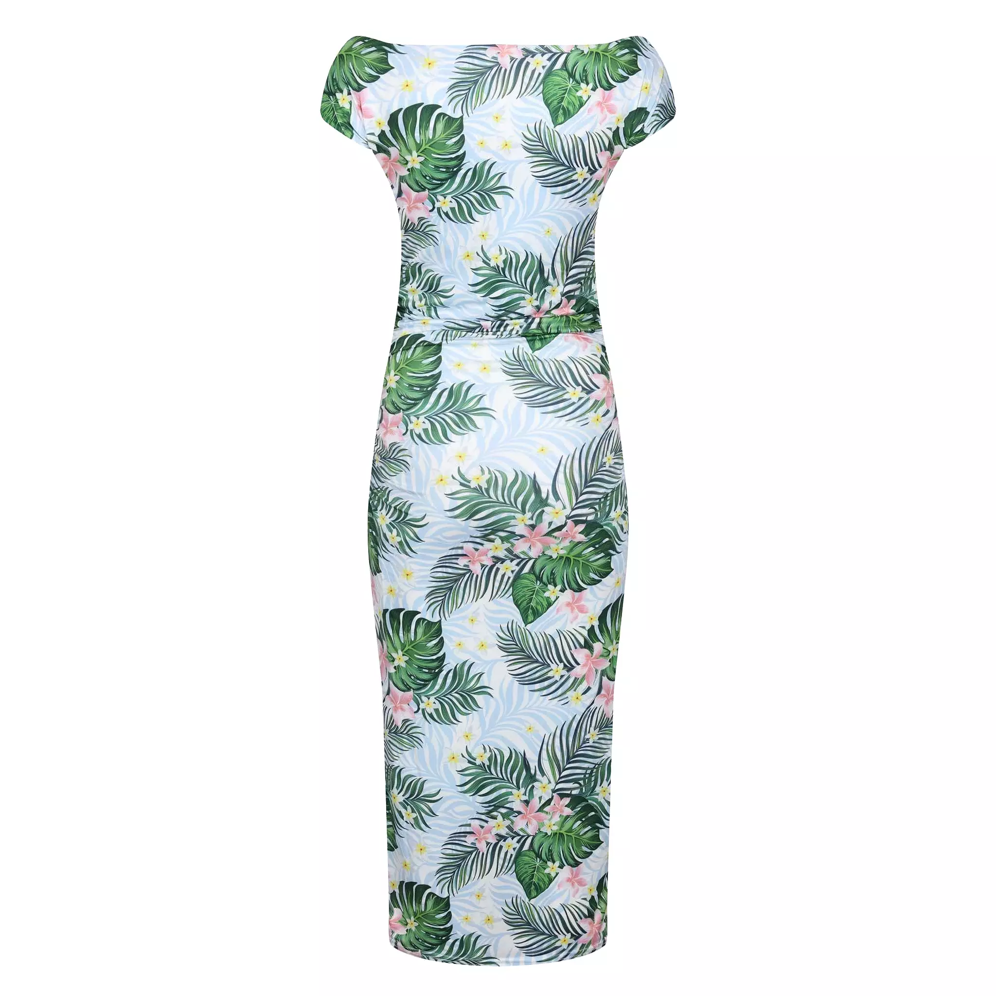 Blue Green Tropical Floral Print 40s Style Cap Sleeve Slinky Pencil Wiggle Dress