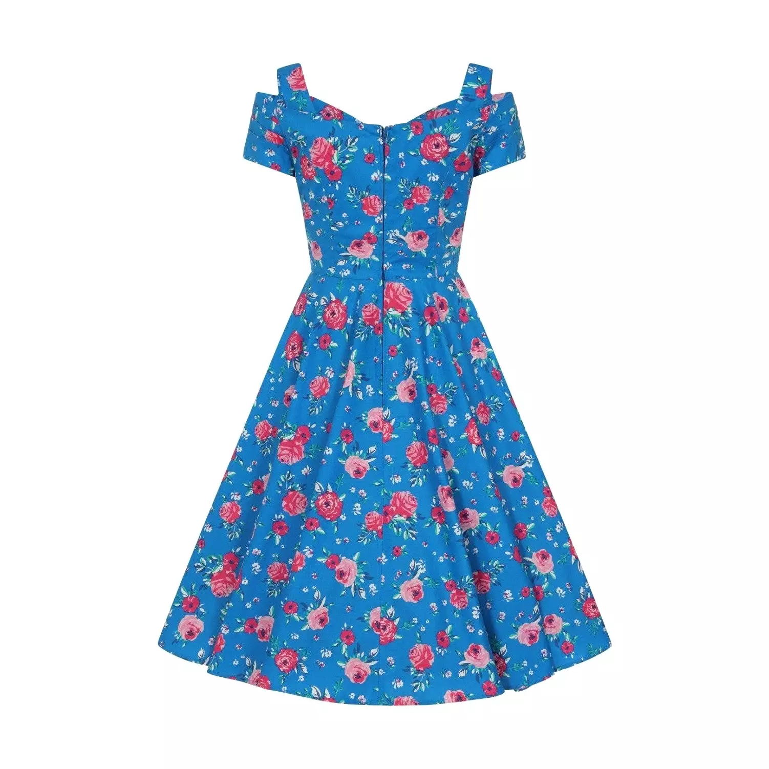 Blue Pink Floral Retro Cold Shoulder Swing Party Dress