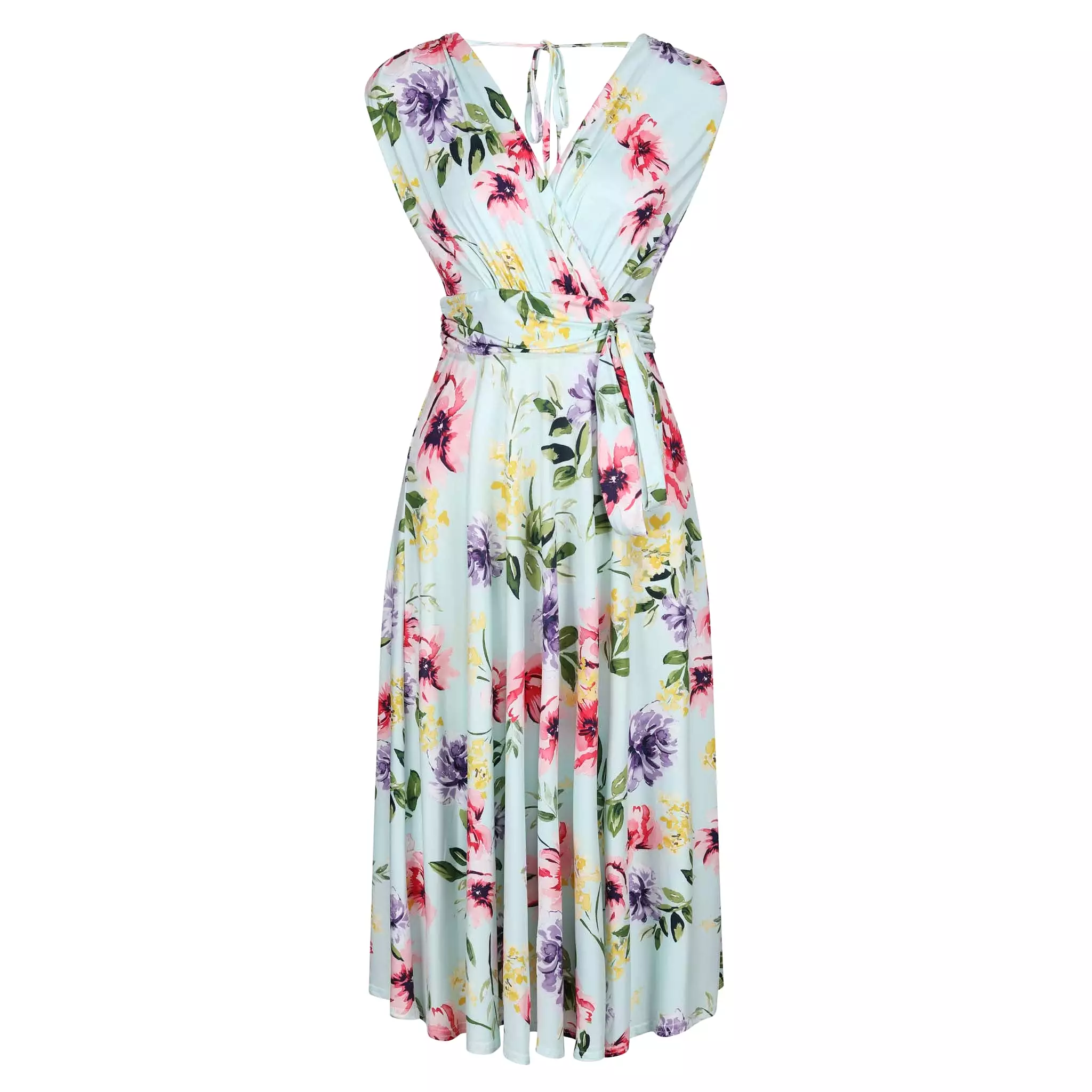 Blue Pink Yellow Floral V Neck Crossover Top Empire Waist Swing Dress