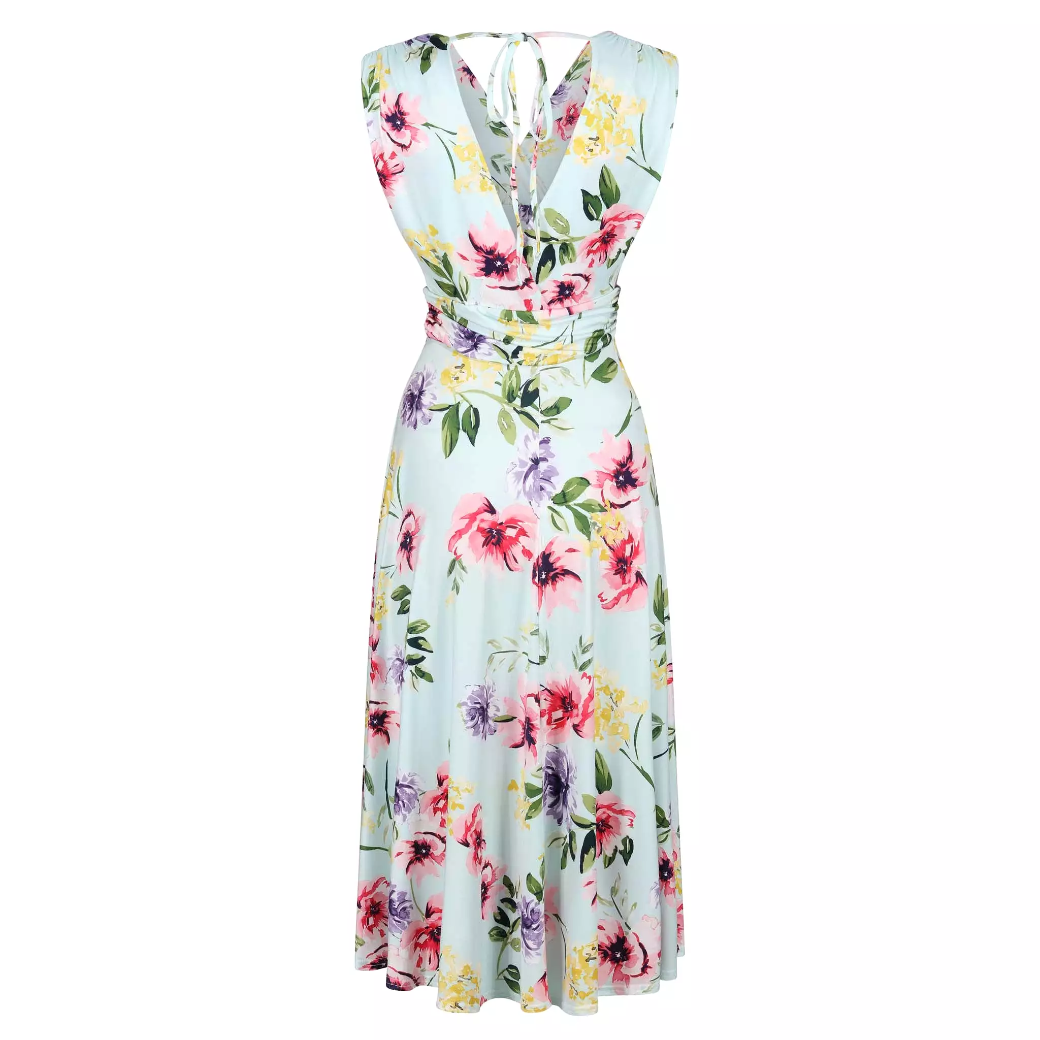 Blue Pink Yellow Floral V Neck Crossover Top Empire Waist Swing Dress