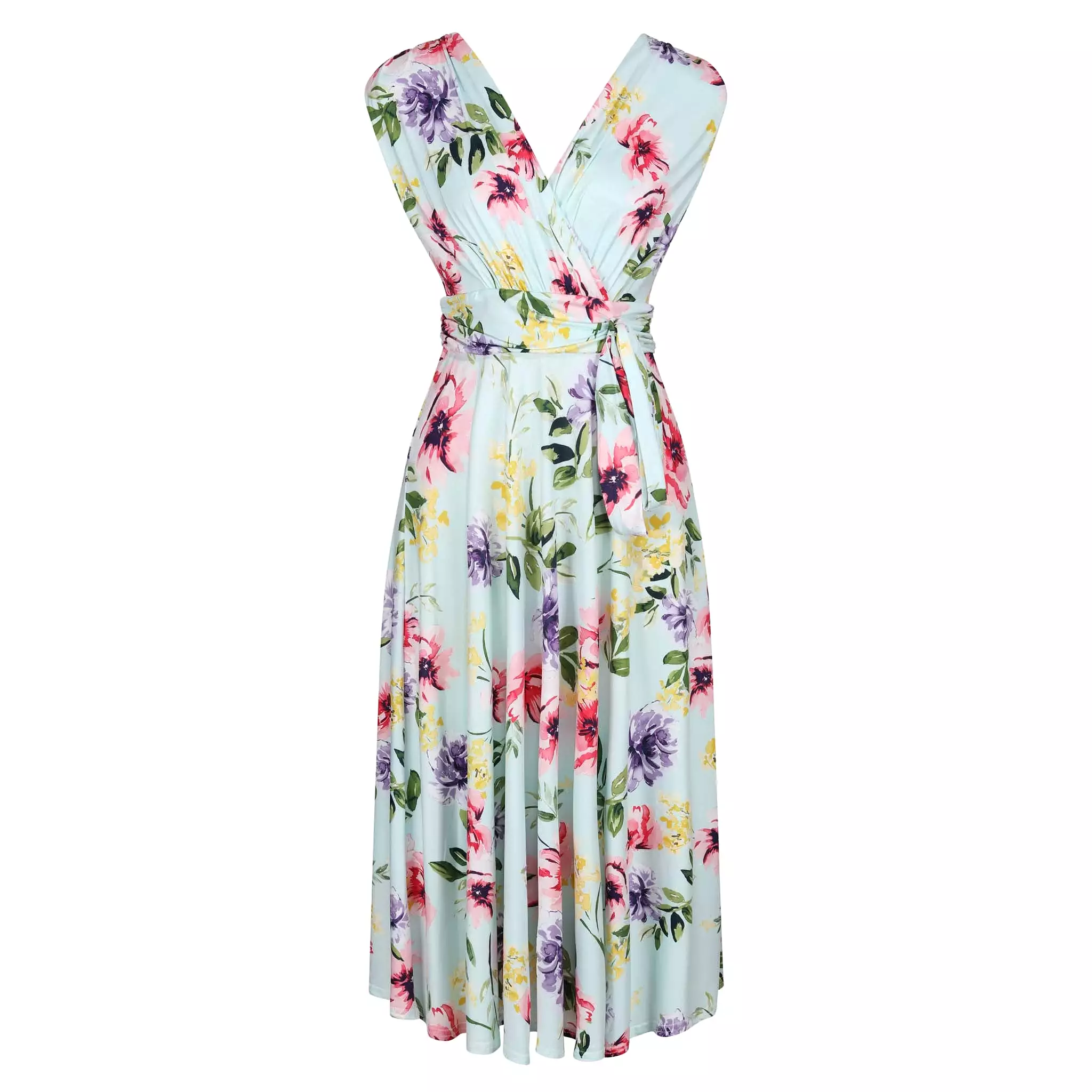 Blue Pink Yellow Floral V Neck Crossover Top Empire Waist Swing Dress