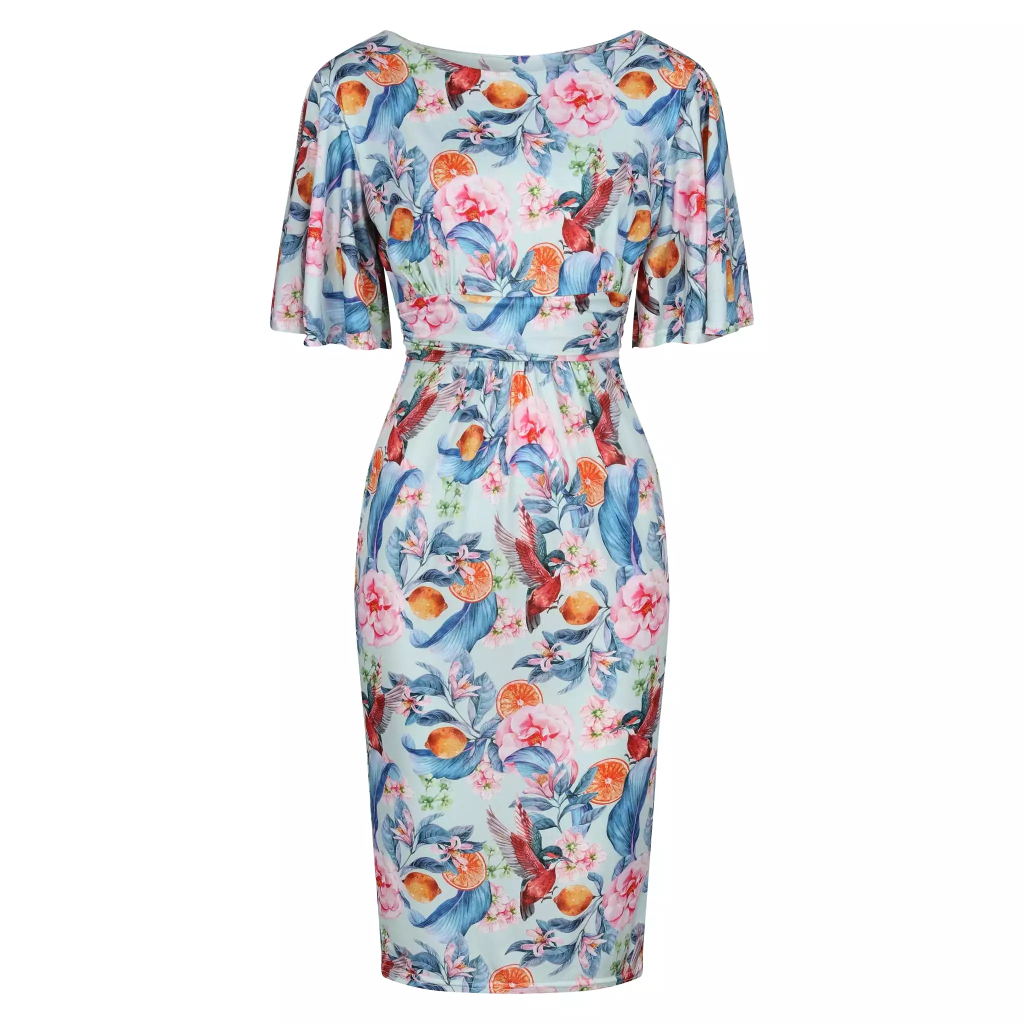 Blue Tropical Floral Fruit Print Waterfall Sleeve Bodycon Pencil Dress