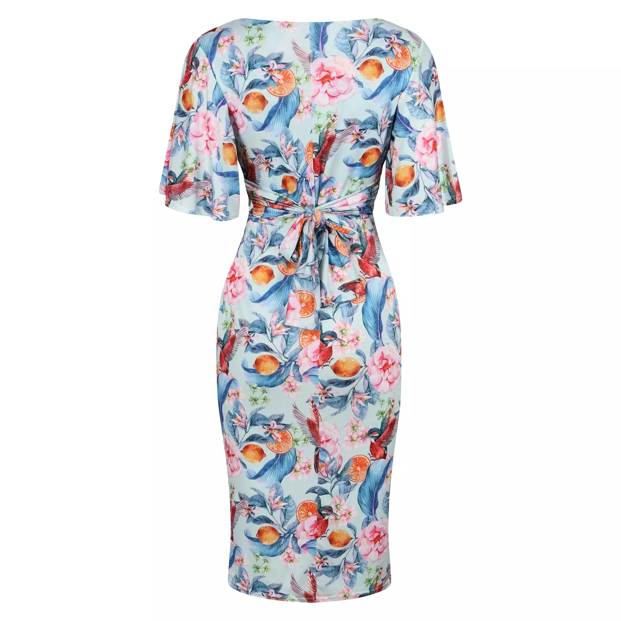 Blue Tropical Floral Fruit Print Waterfall Sleeve Bodycon Pencil Dress