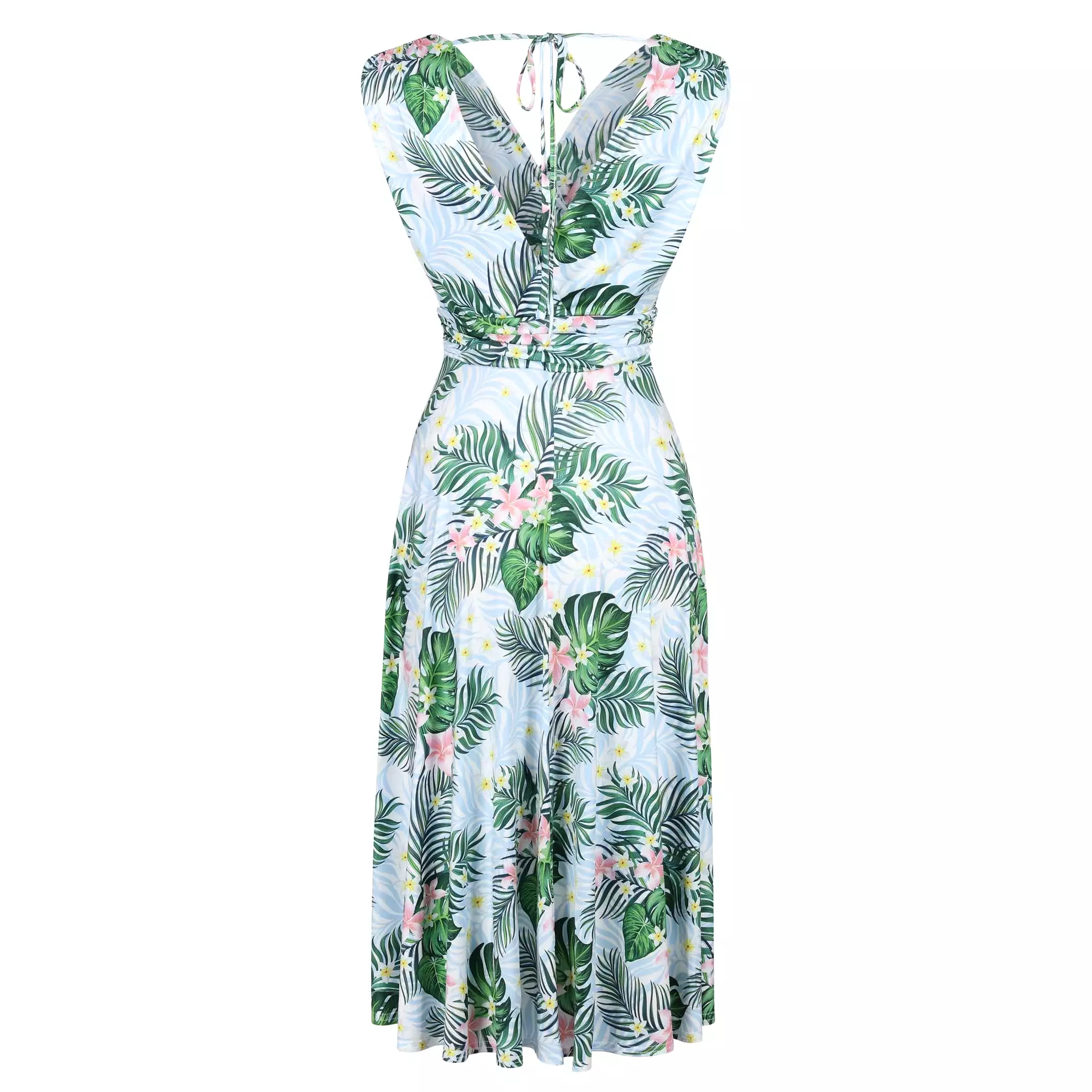 Blue Tropical Floral Print V Neck Crossover Top Empire Waist Swing Dress