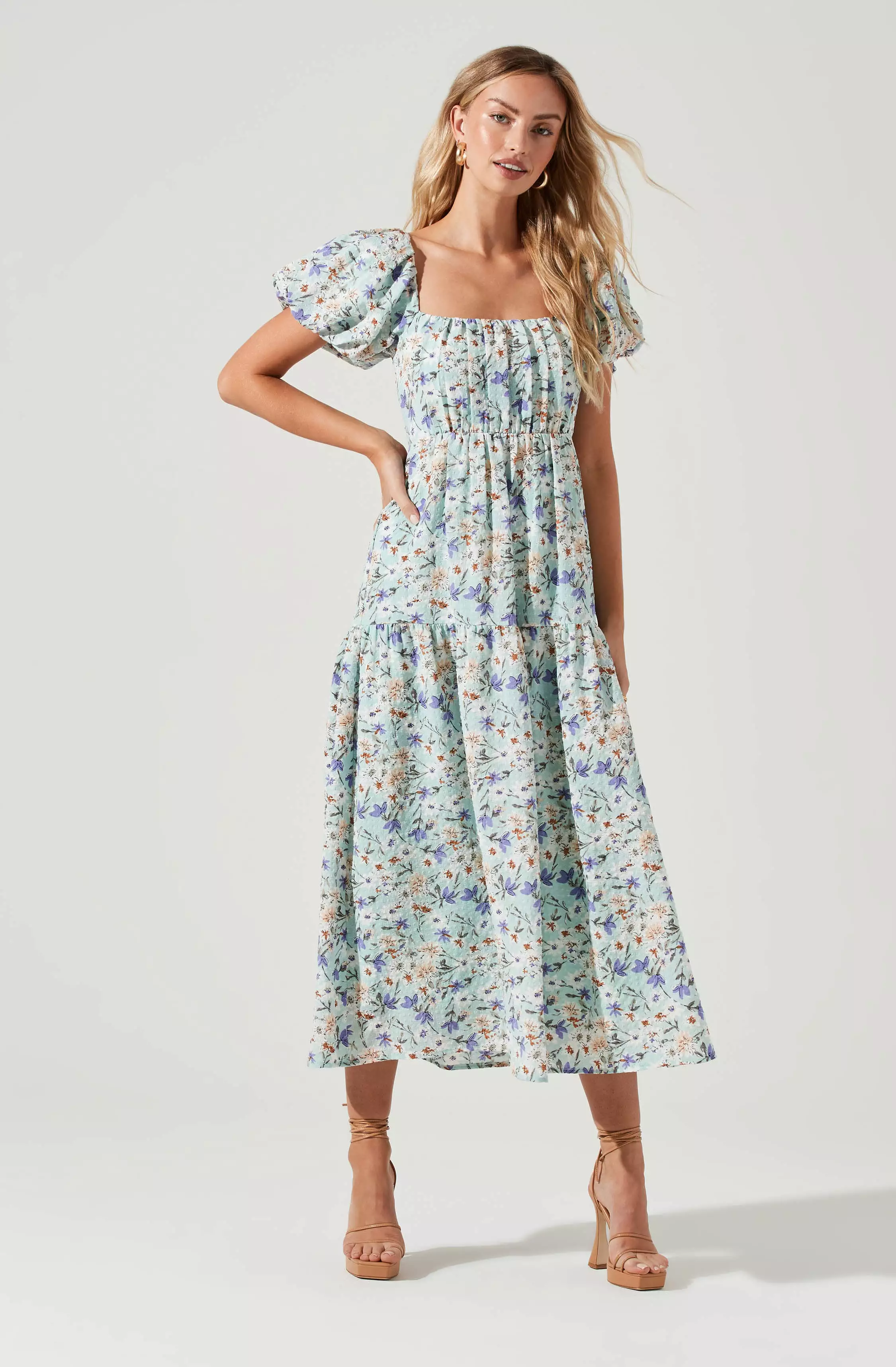 Bubble Sleeve Floral Tiered Midi Dress