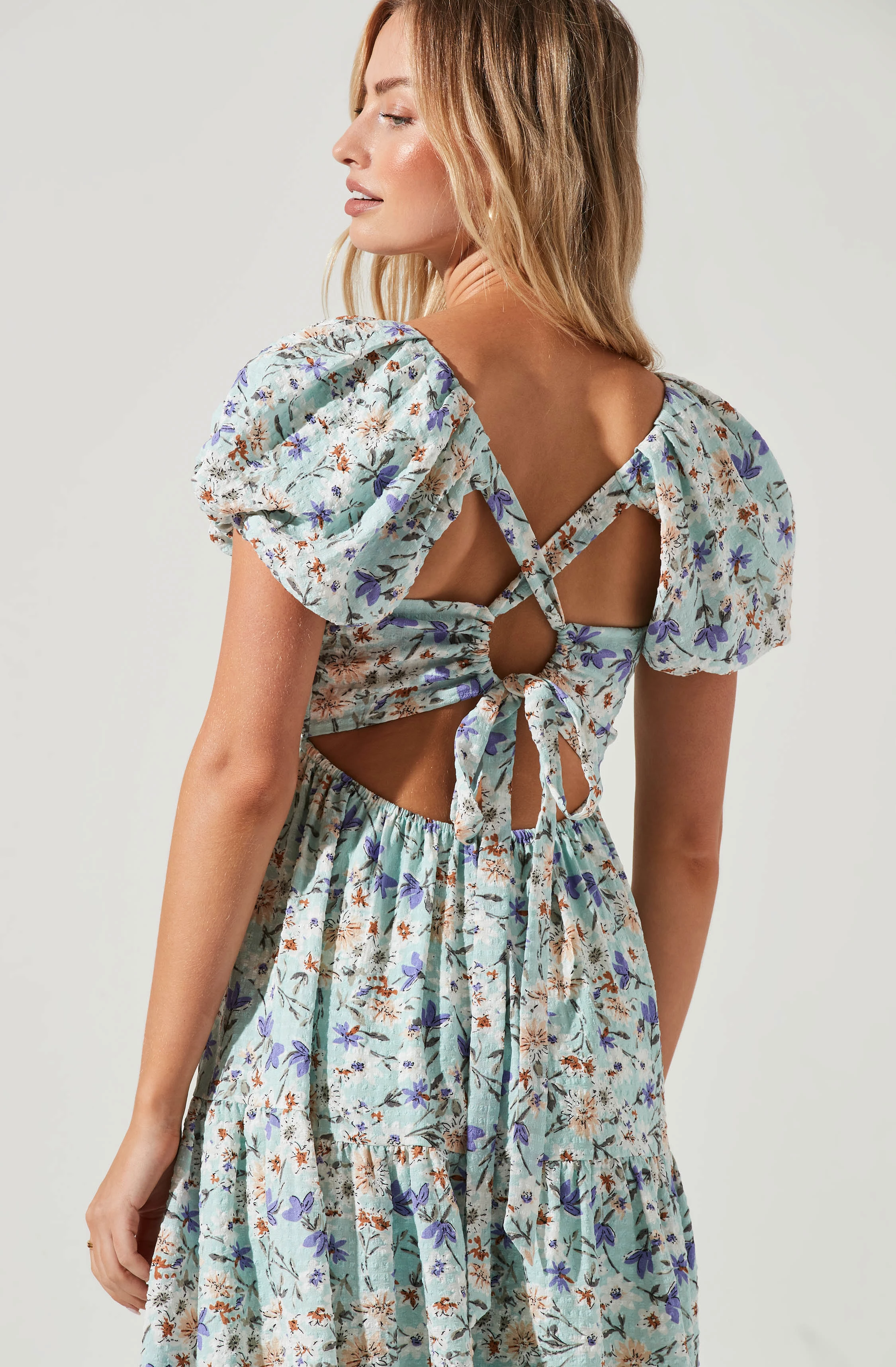 Bubble Sleeve Floral Tiered Midi Dress