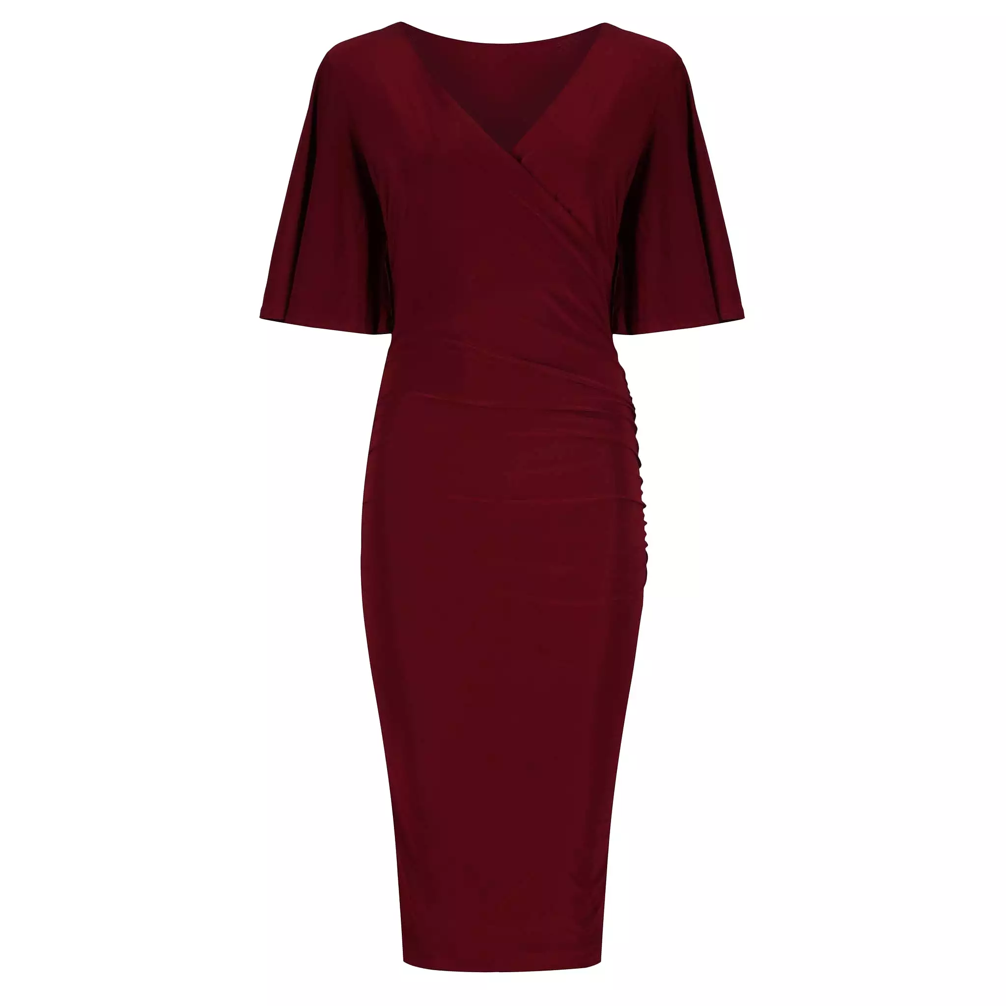 Burgundy Wine Red Butterfly Sleeve Slinky Pencil Cocktail Dress