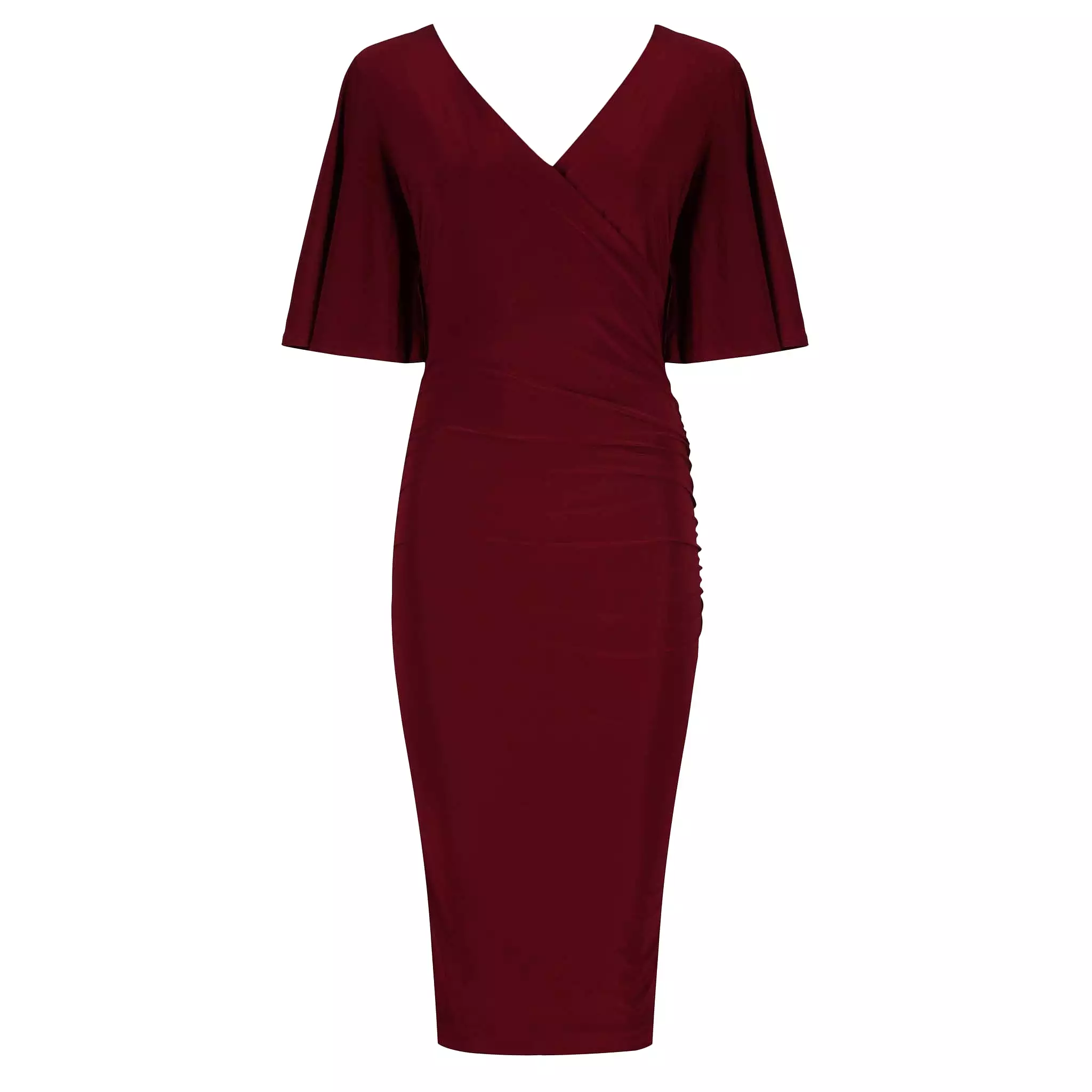 Burgundy Wine Red Butterfly Sleeve Slinky Pencil Cocktail Dress