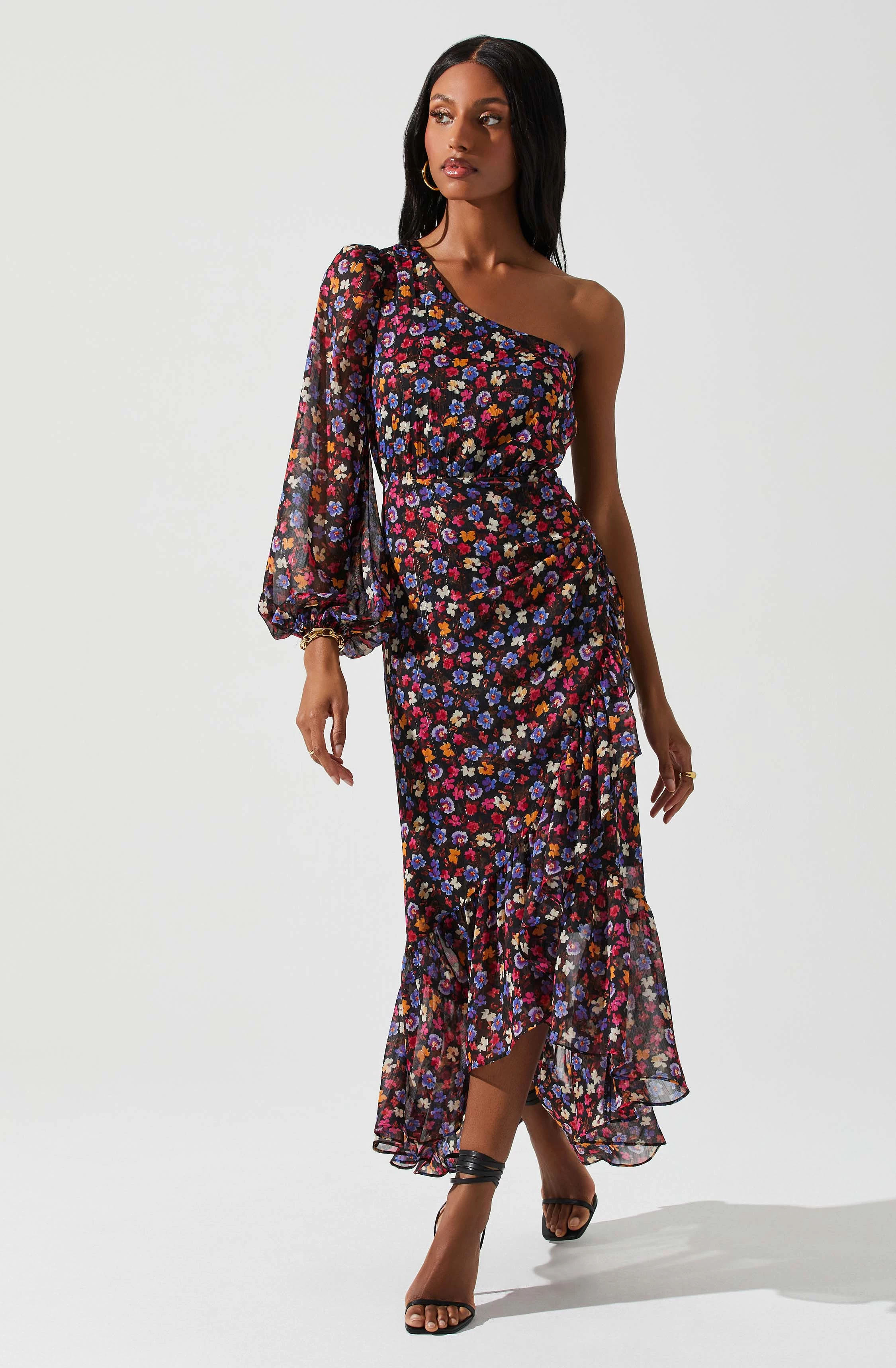 Calista Floral One Shoulder Midi Dress