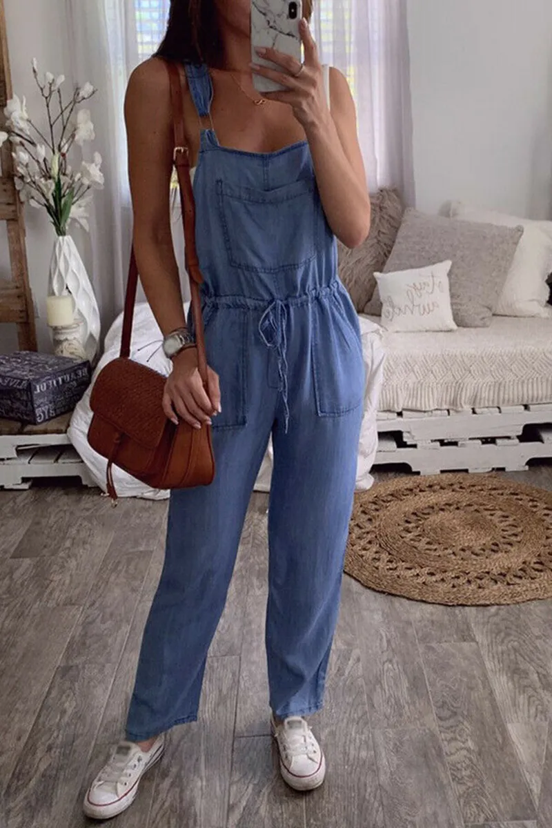 Casual Solid Patchwork Square Collar Straight Jumpsuits