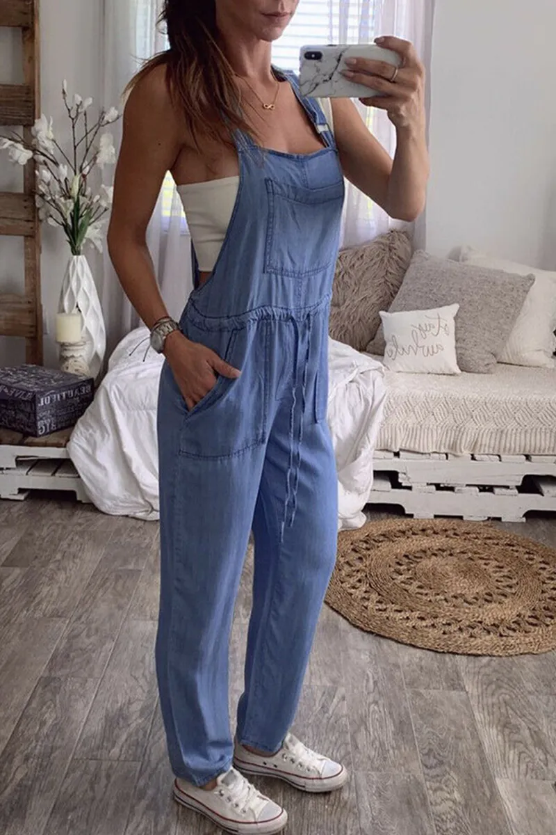 Casual Solid Patchwork Square Collar Straight Jumpsuits