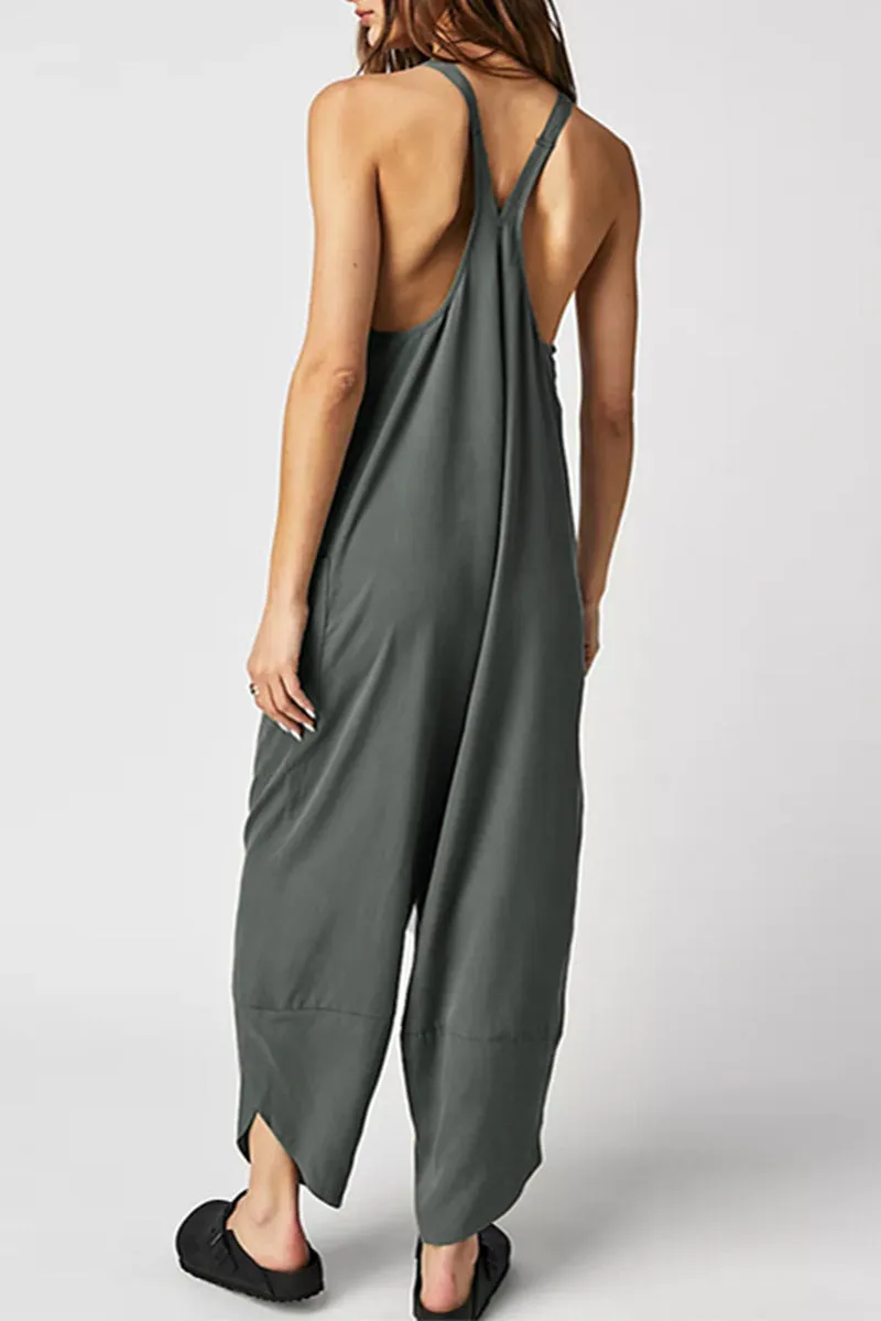 Casual Solid Pocket V Neck Loose Jumpsuits