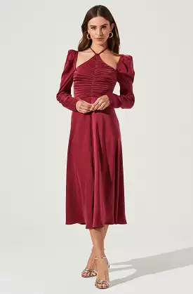 Cinched Halter Tie Satin Midi Dress