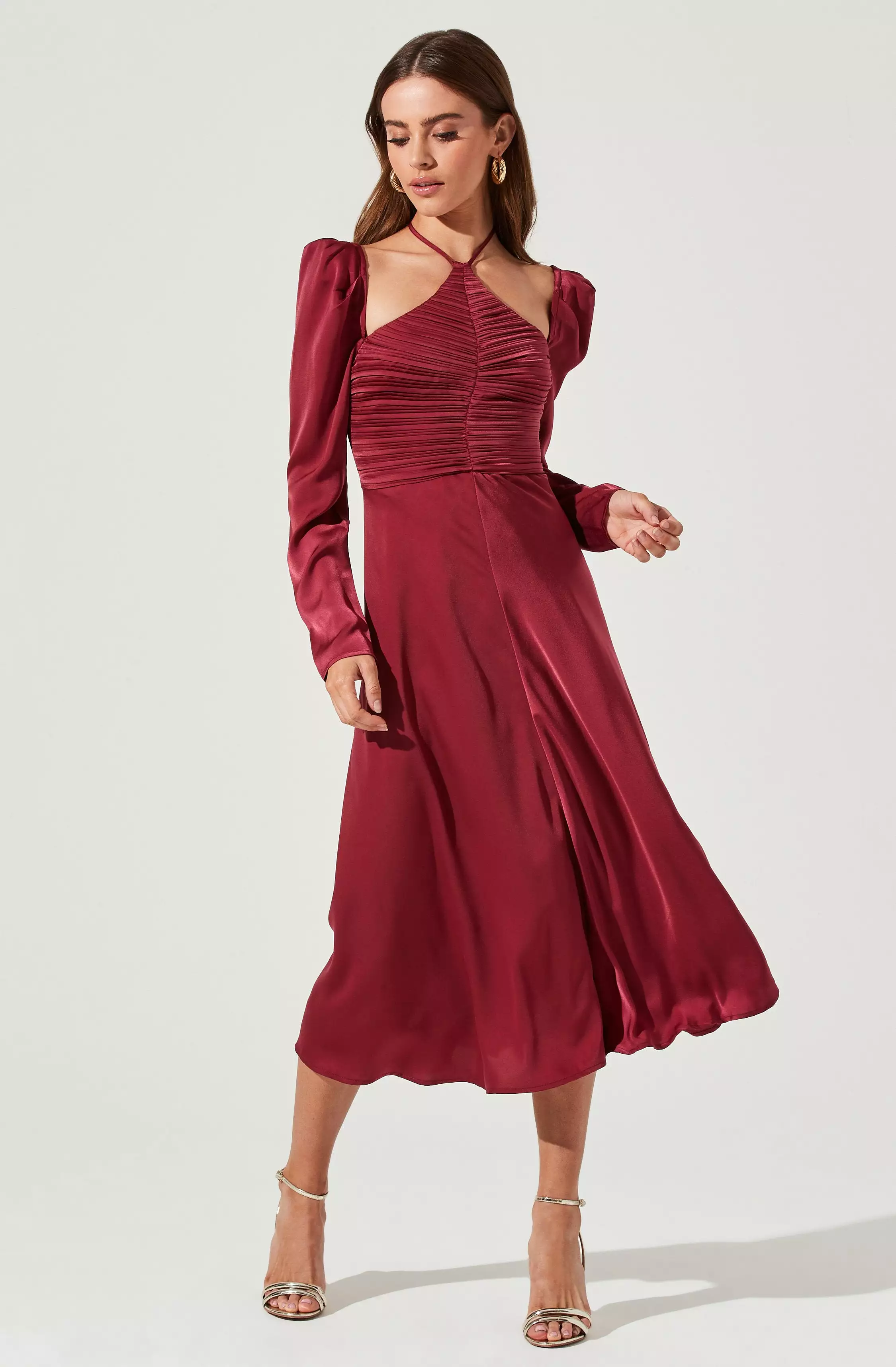 Cinched Halter Tie Satin Midi Dress