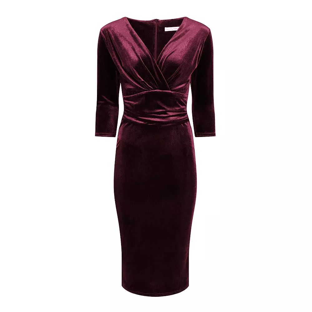 Claret Red Velour Deep V 3/4 Sleeve Bodycon Ruched Waist Wiggle Dress