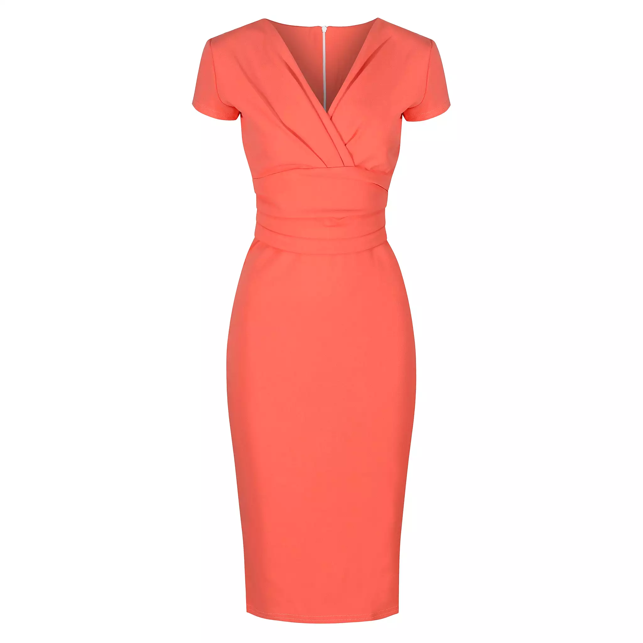 Coral Deep V Cap Sleeve Bodycon Ruched Waist Wiggle Dress