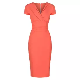 Coral Deep V Cap Sleeve Bodycon Ruched Waist Wiggle Dress