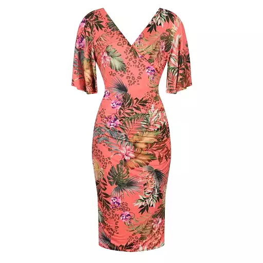 Coral Pink Tropical Floral Print Butterfly Sleeve Slinky Pencil Cocktail Dress