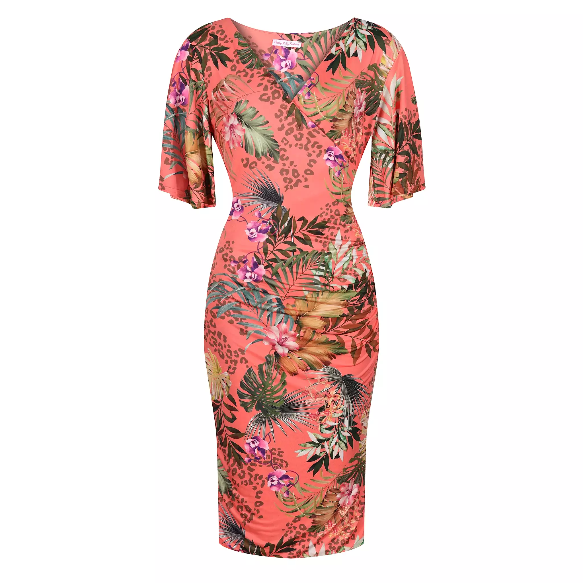 Coral Pink Tropical Floral Print Butterfly Sleeve Slinky Pencil Cocktail Dress