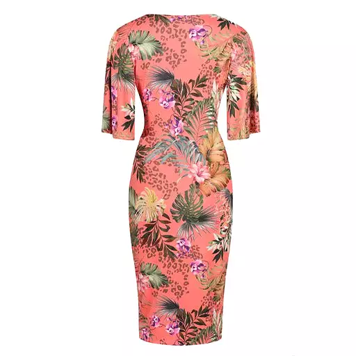 Coral Pink Tropical Floral Print Butterfly Sleeve Slinky Pencil Cocktail Dress