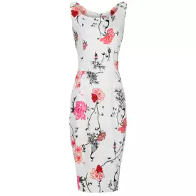 Cream Floral And Bird Print Vintage Style Pencil Dress