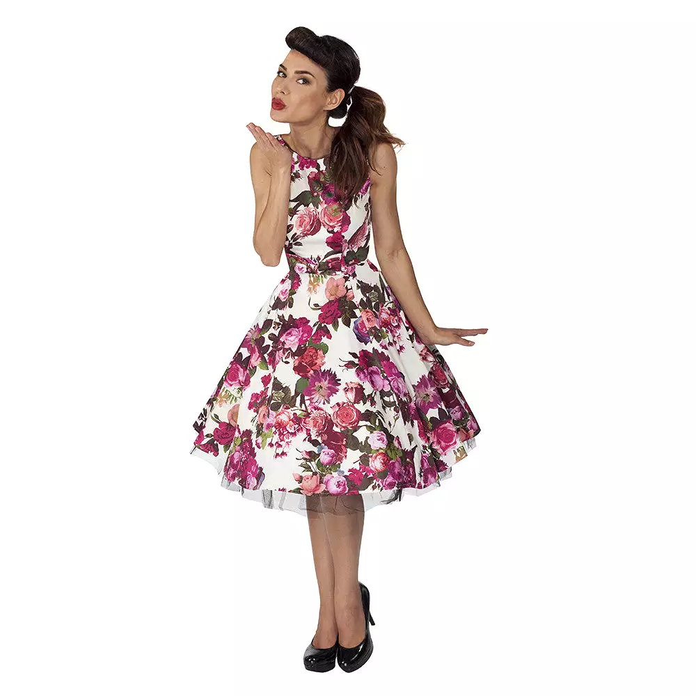 Cream White and Pink Floral Audrey 50s Swing Dress