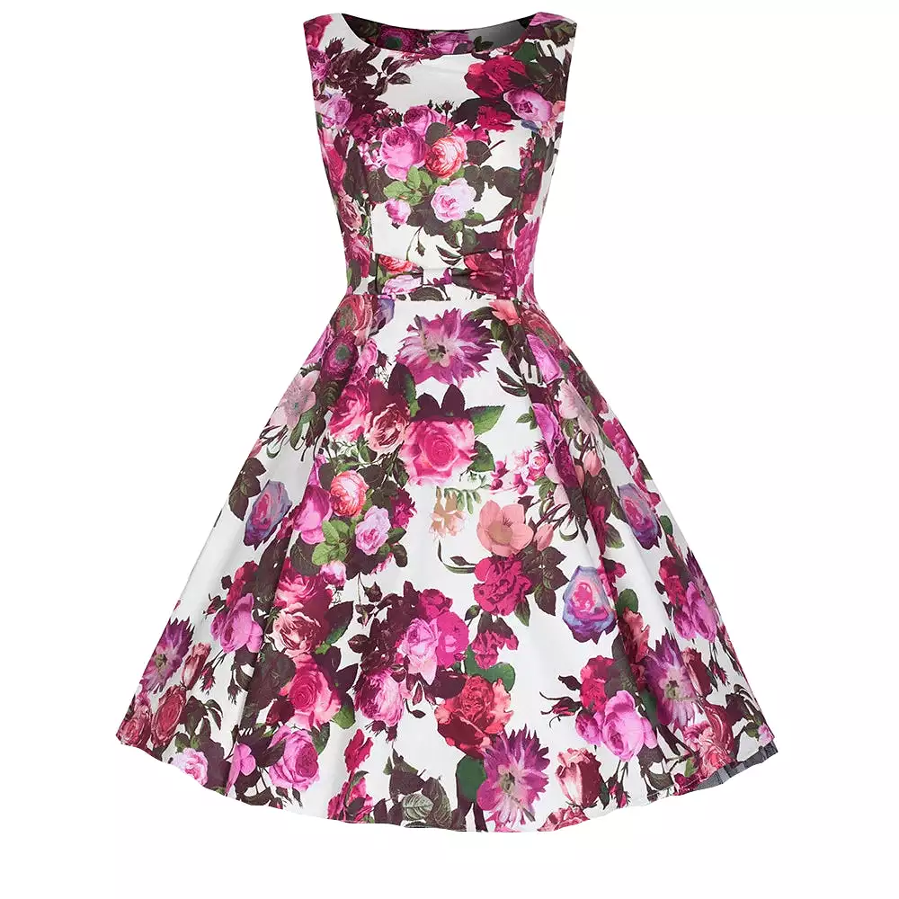 Cream White and Pink Floral Audrey 50s Swing Dress