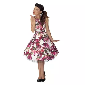 Cream White and Pink Floral Audrey 50s Swing Dress