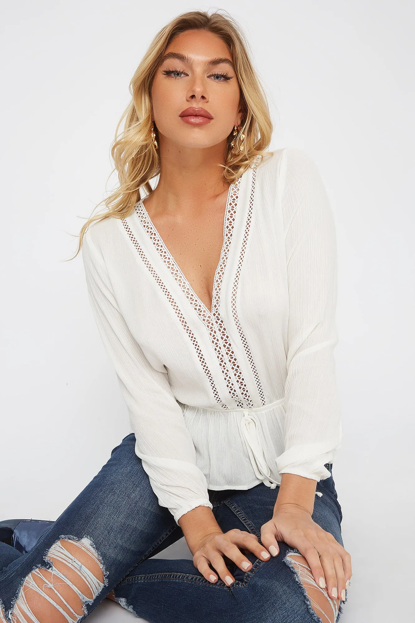 Crochet Trim Long Sleeve Peplum Blouse