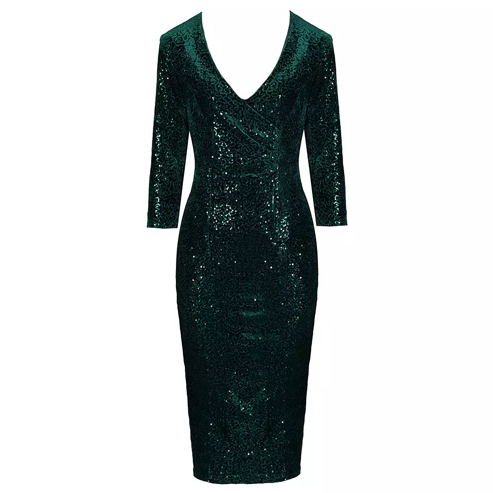 Dark Green 3/4 Sleeve V Neck Velour Sequin Pencil Wiggle Dress