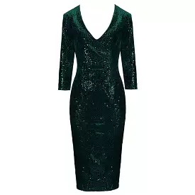 Dark Green 3/4 Sleeve V Neck Velour Sequin Pencil Wiggle Dress