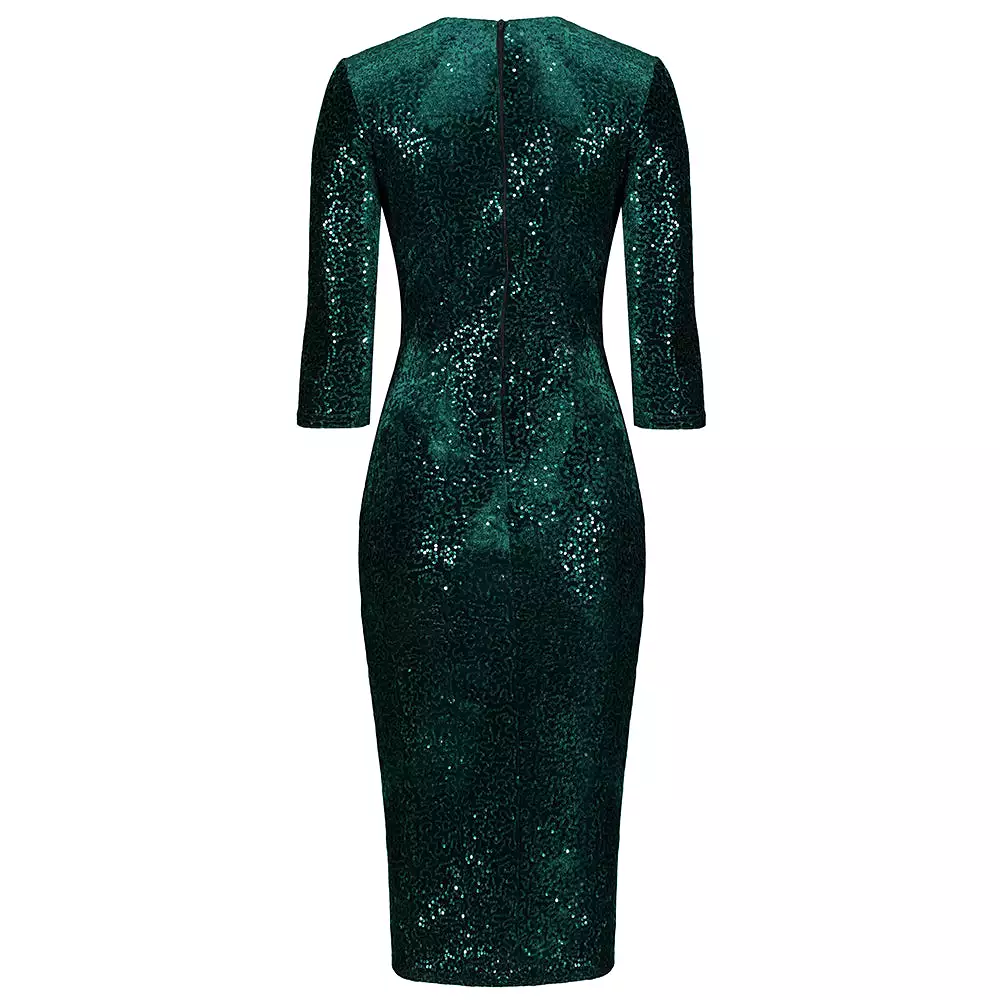 Dark Green 3/4 Sleeve V Neck Velour Sequin Pencil Wiggle Dress