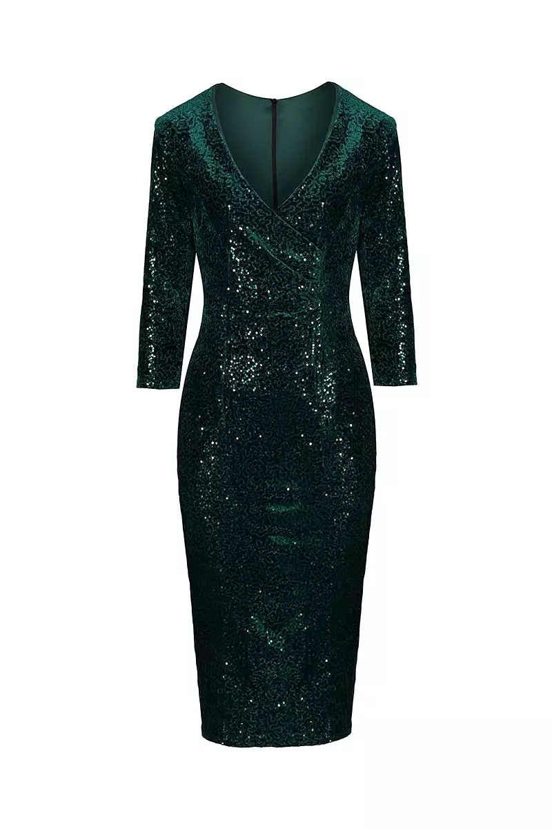 Dark Green 3/4 Sleeve V Neck Velour Sequin Pencil Wiggle Dress