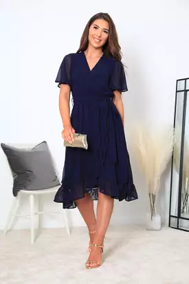 Double Second Navy Chiffon Wrap Dress With Tea Sleeve