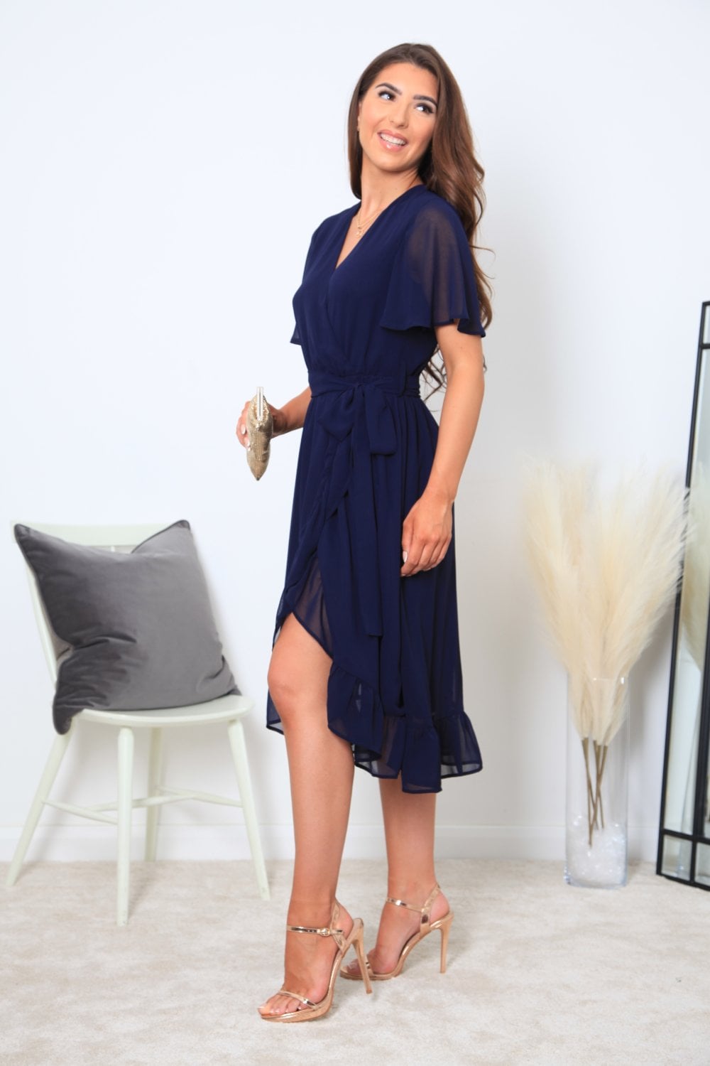 Double Second Navy Chiffon Wrap Dress With Tea Sleeve