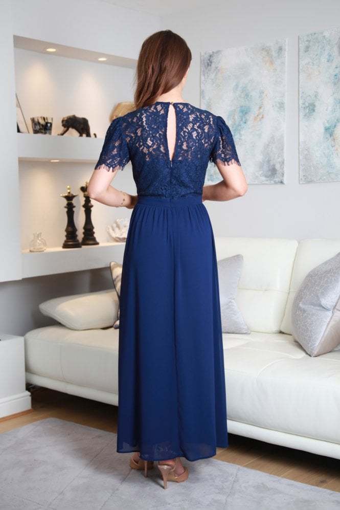 Double Second Navy Lace Wrap Front Maxi Dress