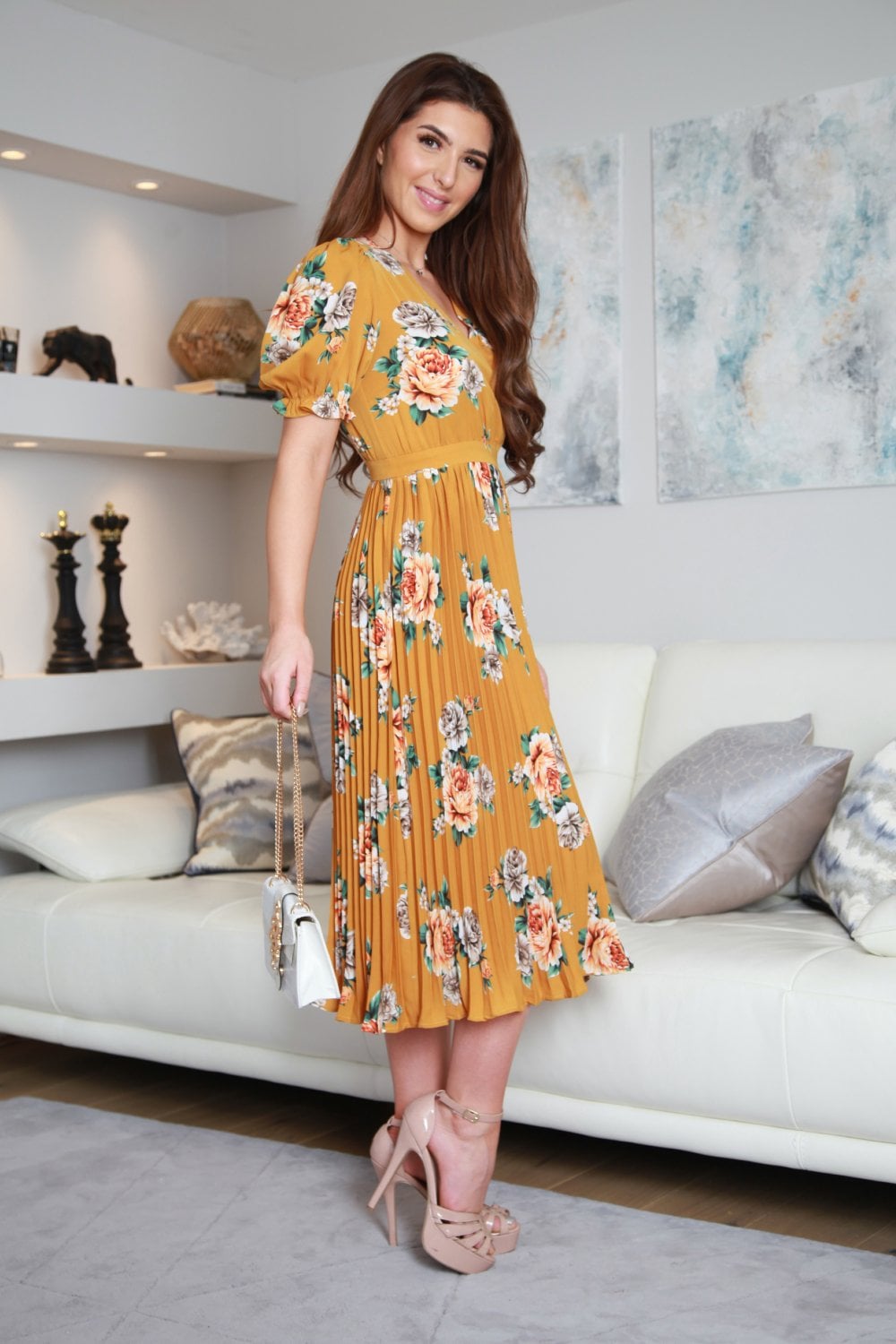 Double Second Print Wrap Front Pleated Dress