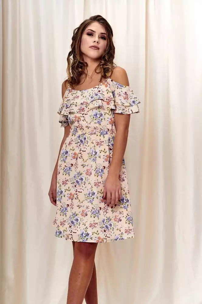 Double Second Printed Double Frill Off Shoulder Dress