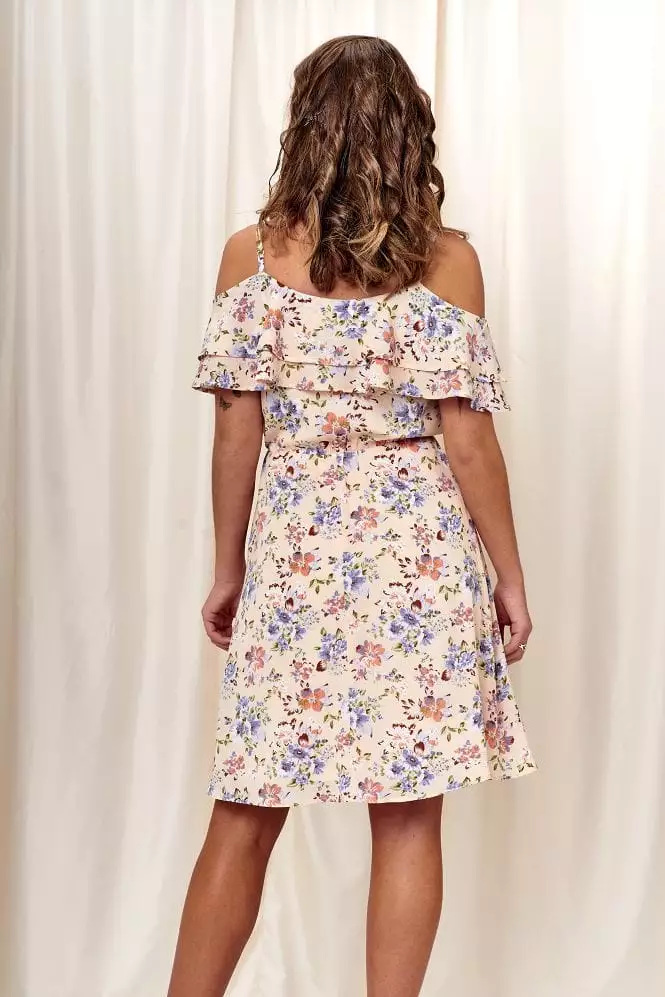 Double Second Printed Double Frill Off Shoulder Dress