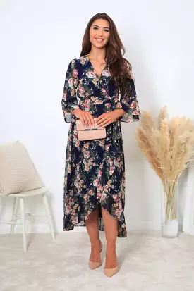 Double Second Printed Navy Wrap Front Butterfly Sleeve Dress