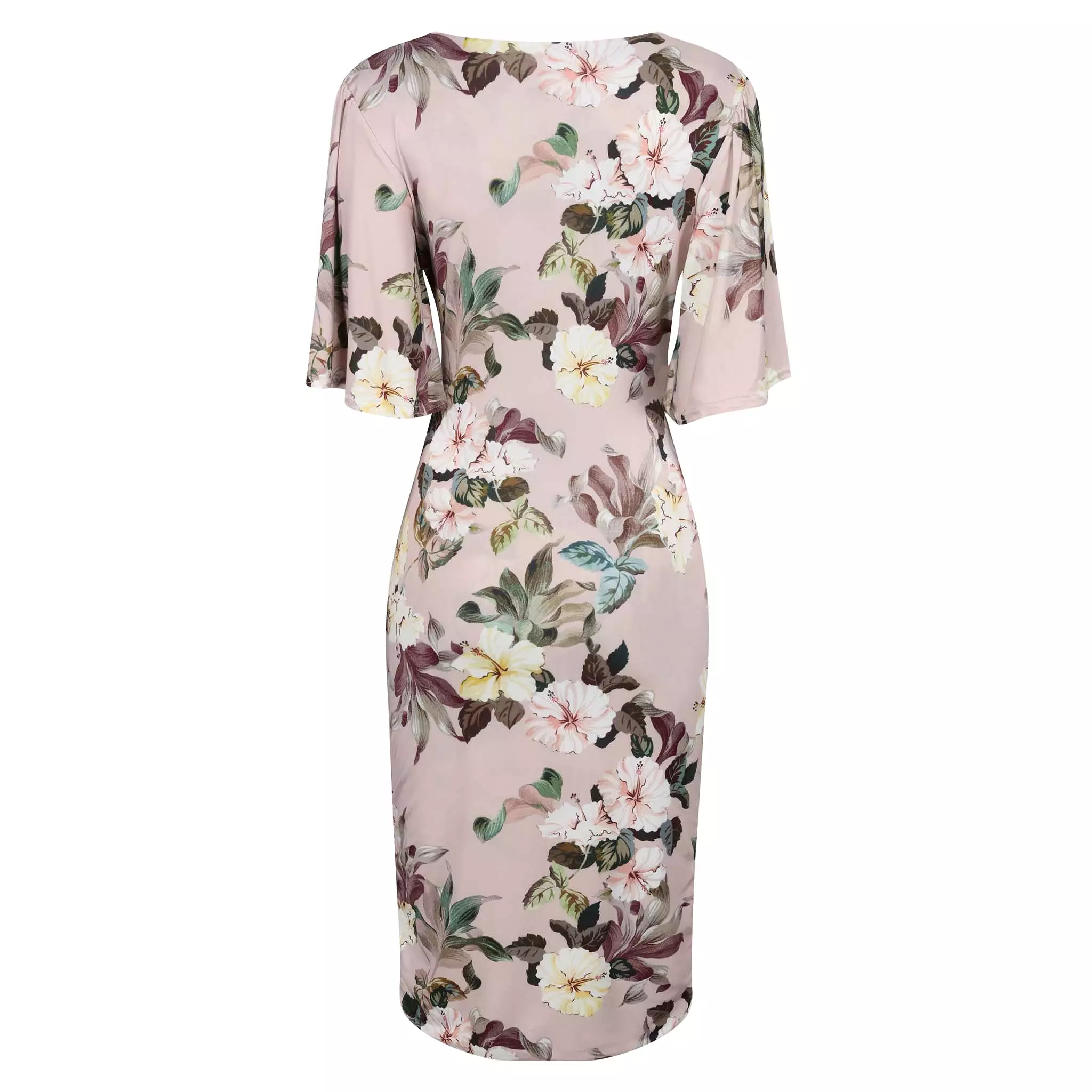 Dusky Pink Floral Print Butterfly Sleeve Slinky Pencil Cocktail Dress