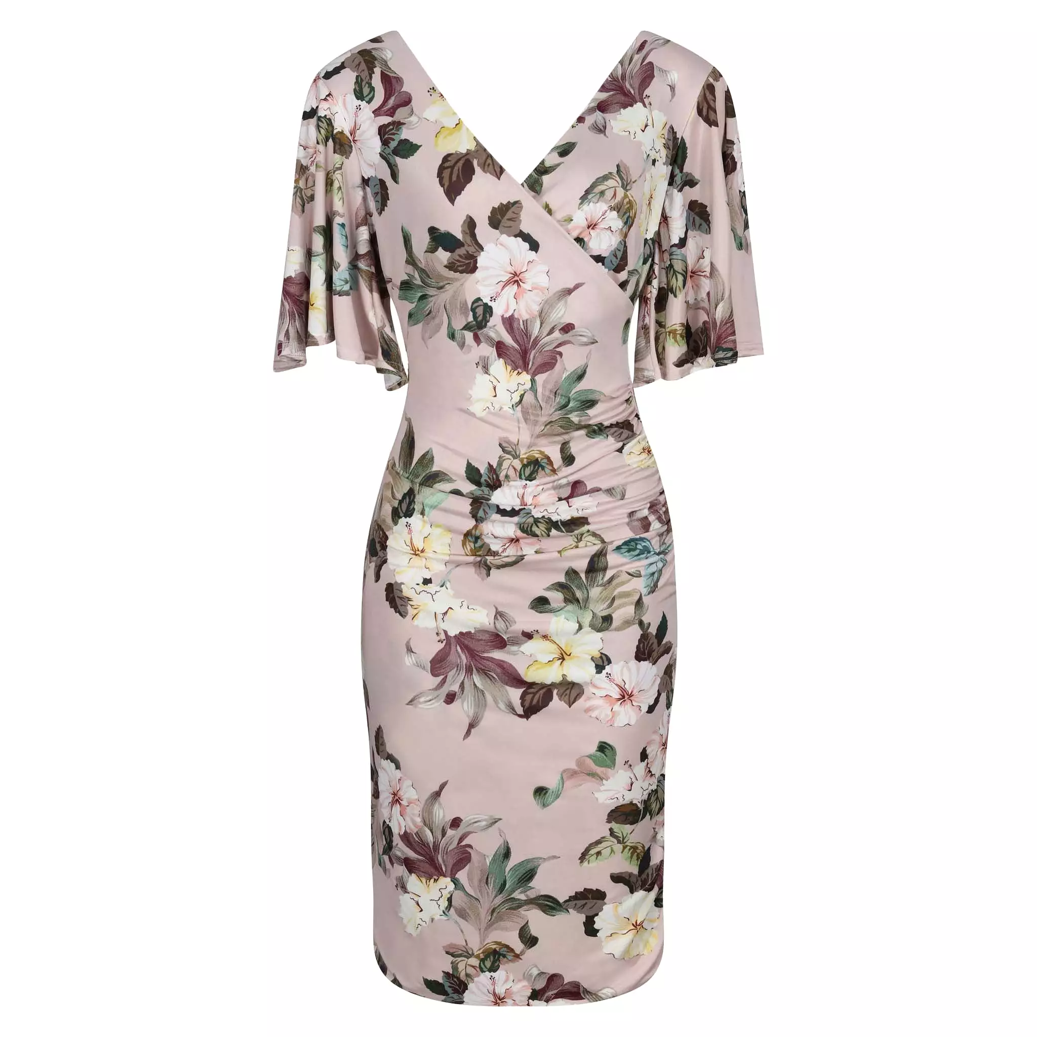 Dusky Pink Floral Print Butterfly Sleeve Slinky Pencil Cocktail Dress