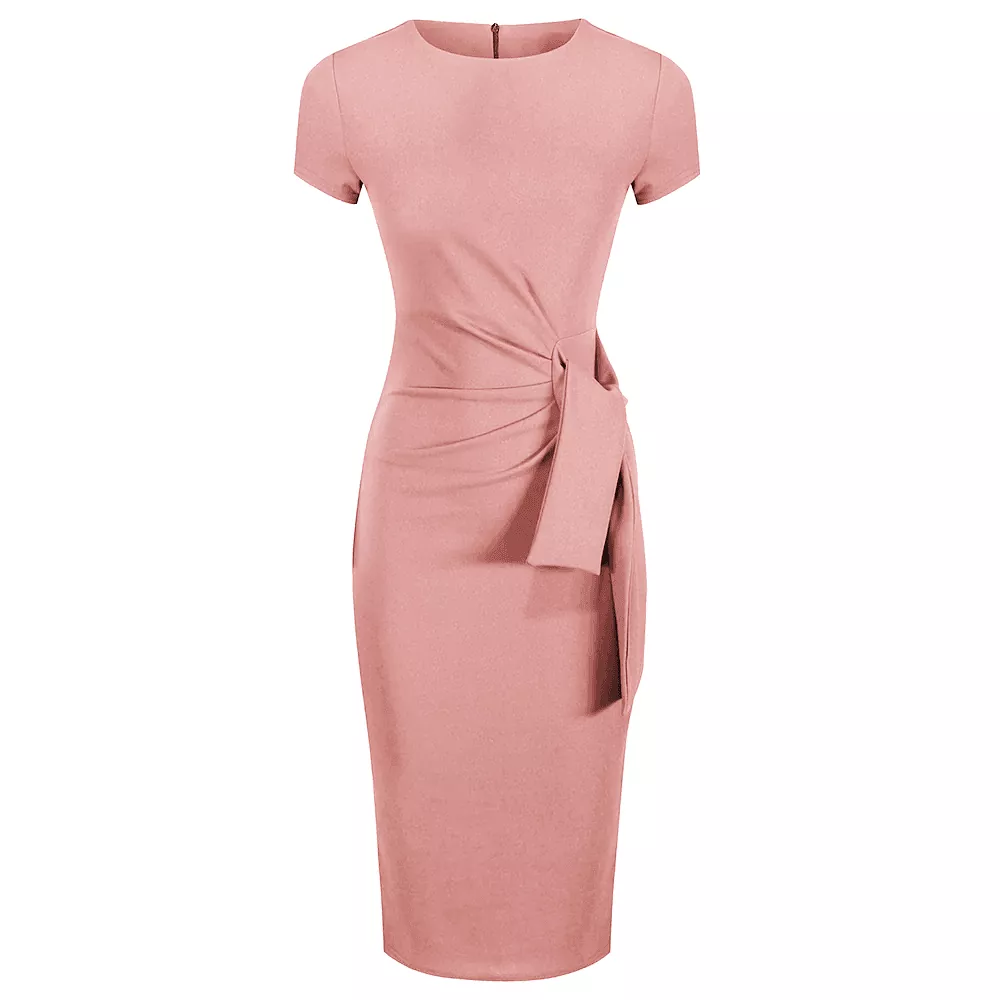 Dusky Pink Short Sleeve Ruched Front Side Tie Bodycon Pencil Dress