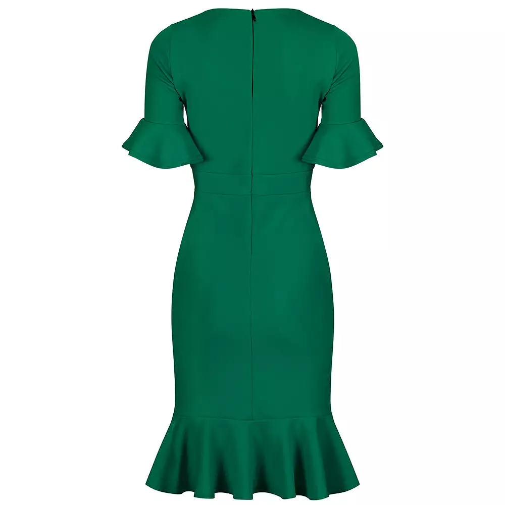 Emerald Green 1/2 Sleeve Fishtail Peplum Hem V Neck Bodycon Pencil Dress