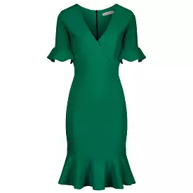 Emerald Green 1/2 Sleeve Fishtail Peplum Hem V Neck Bodycon Pencil Dress