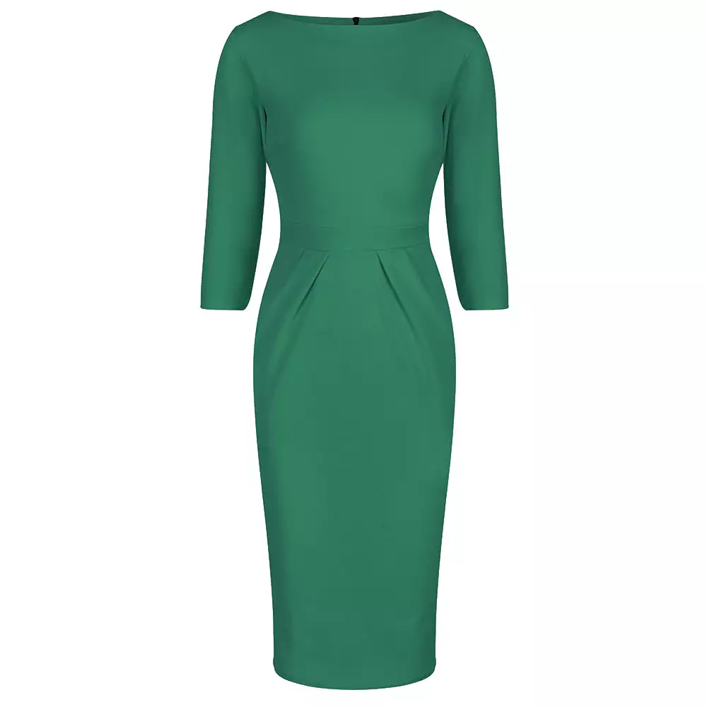 Emerald Green 3/4 Sleeve Pleated Bodycon Pencil Dress