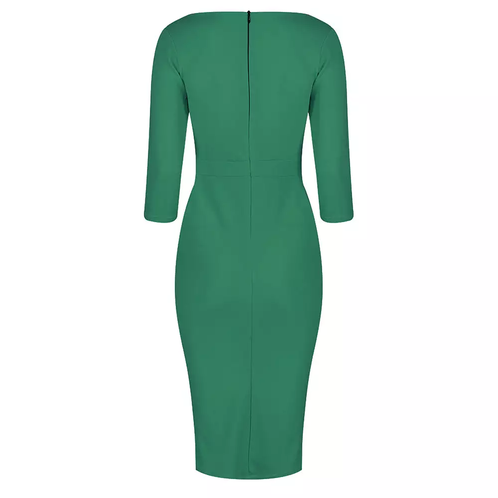 Emerald Green 3/4 Sleeve Pleated Bodycon Pencil Dress